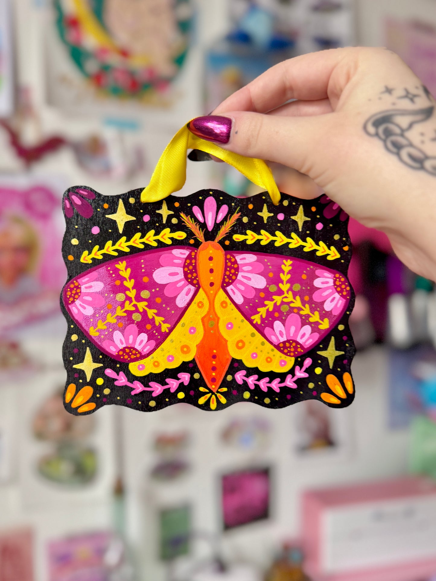 Yellow & Pink Moth - Painted Wall Hanging