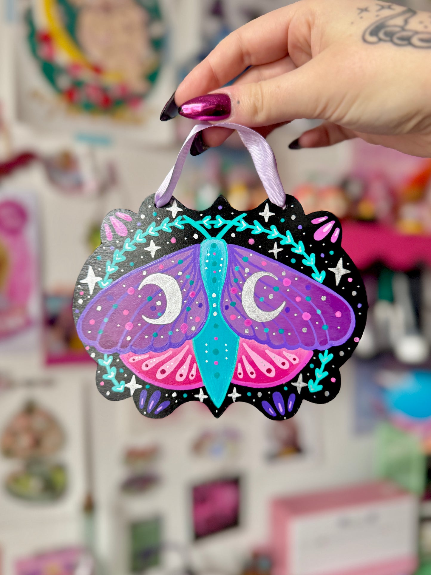 Teal & Purple Moth - Painted Wall Hanging