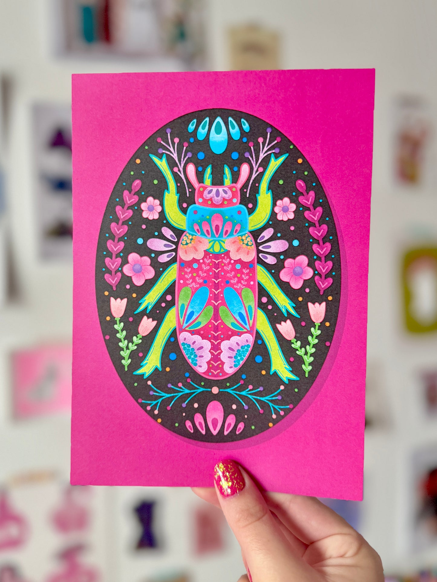 Pink & Green Beetle on Plaque Print