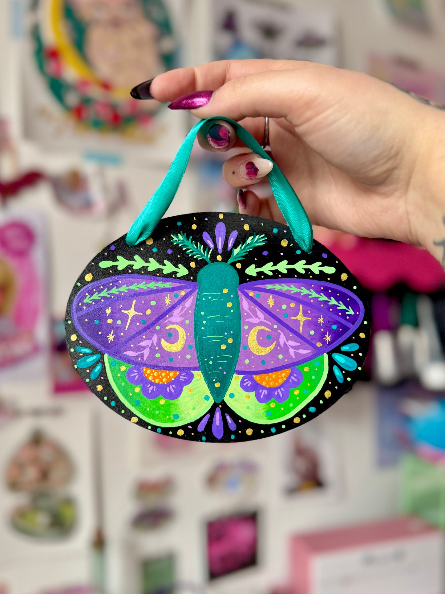 Green & Purple Moth - Painted Wall Hanging