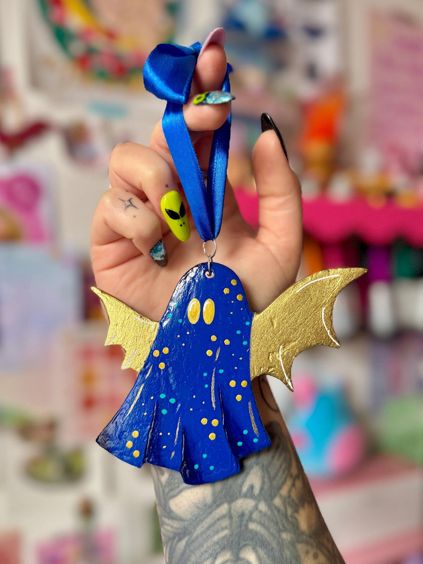 Blue & Gold Bat Ghost - Clay Wall Hanging