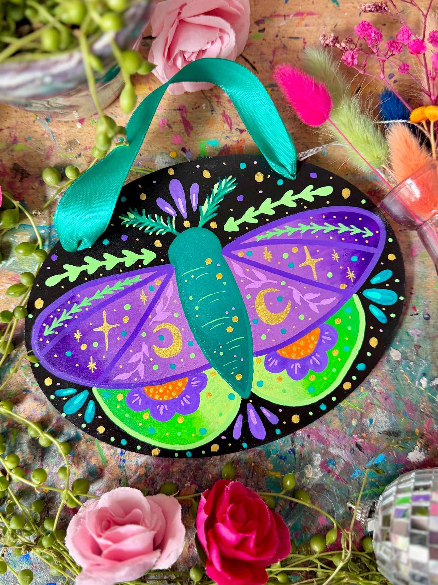 Green & Purple Moth - Painted Wall Hanging