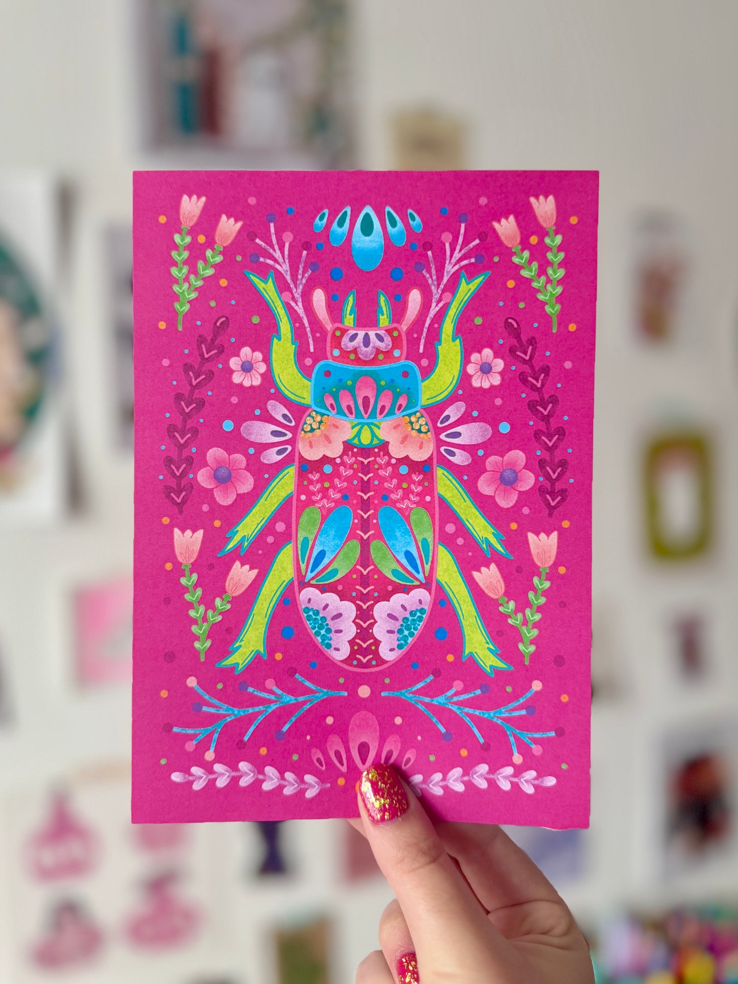 Pink & Green Beetle Print