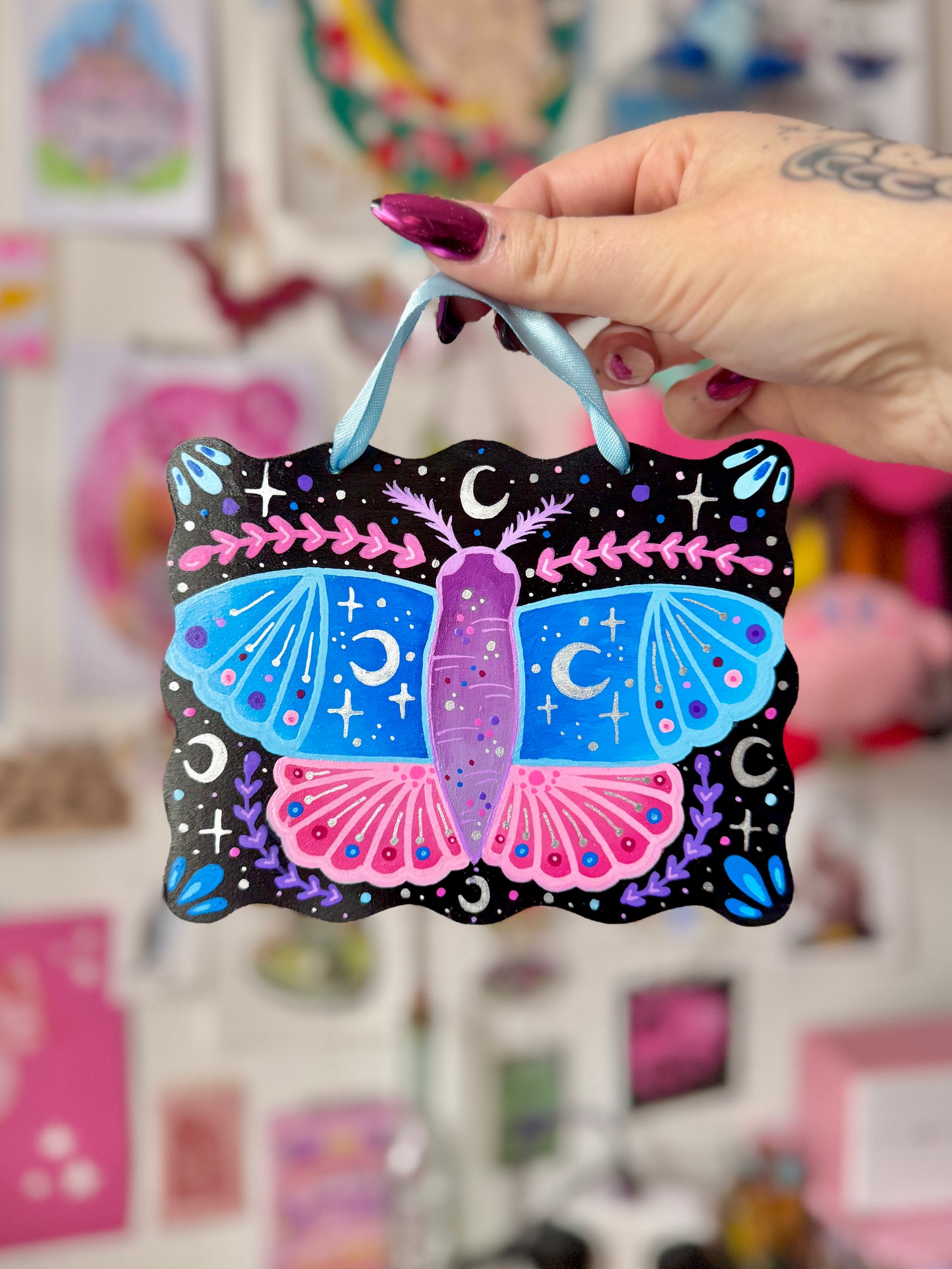 Pale Blue & Pink Moth - Painted Wall Hanging