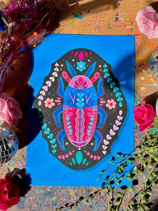 Blue & Pink Beetle on Plaque Print