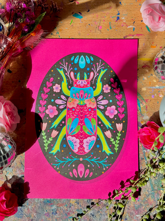 Pink & Green Beetle on Plaque Print