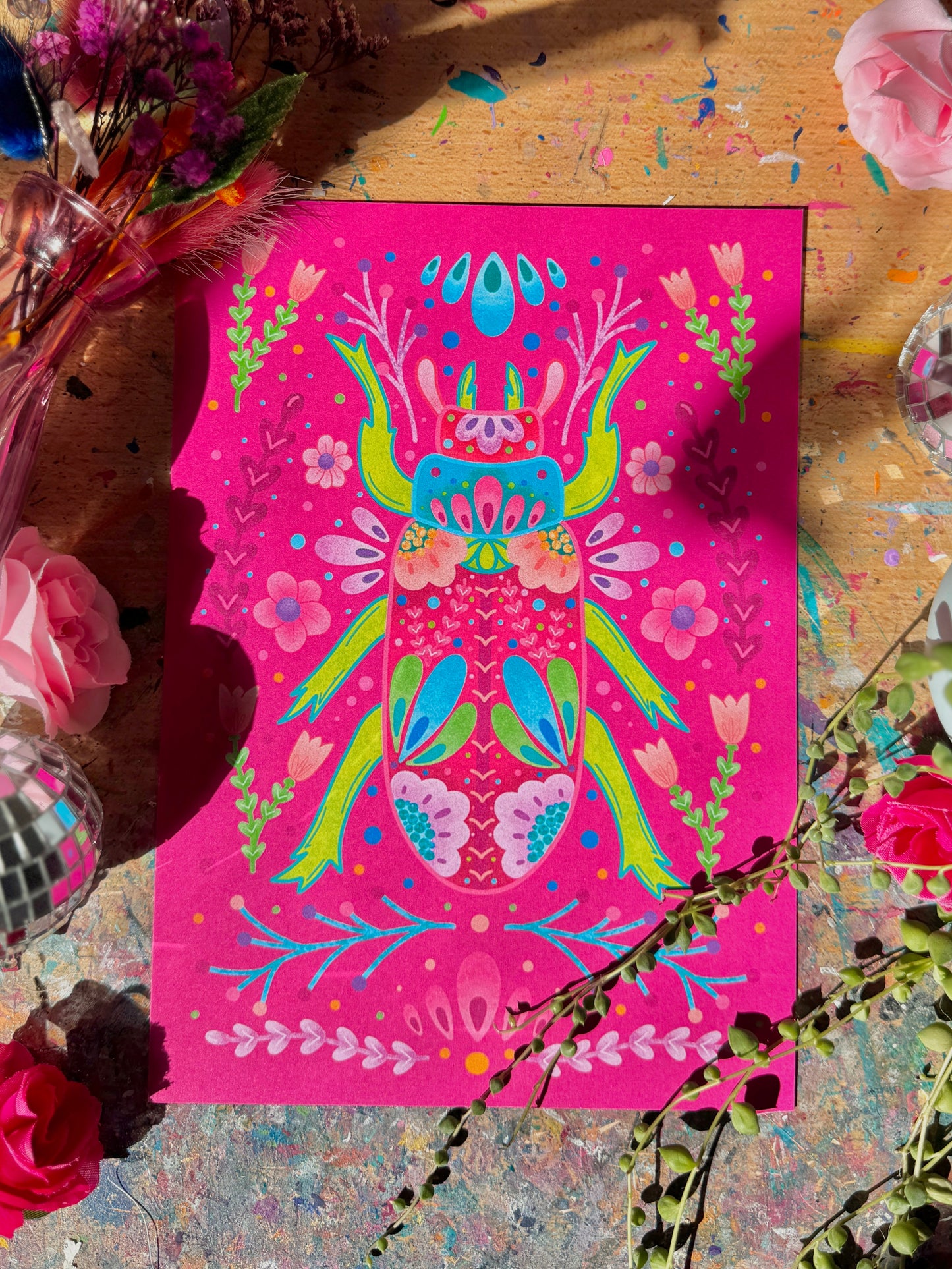 Pink & Green Beetle Print