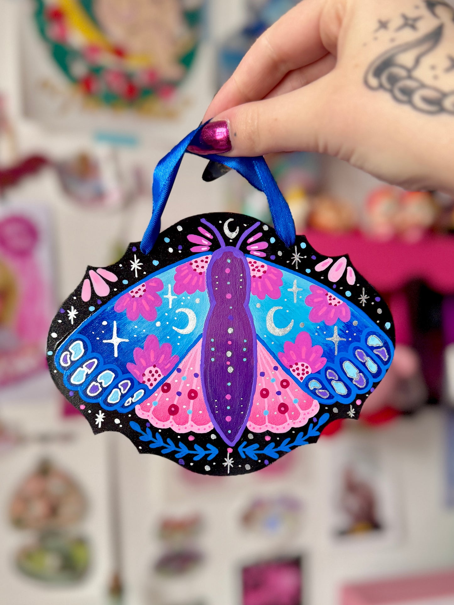 Blues & Pink Moth - Painted Wall Hanging