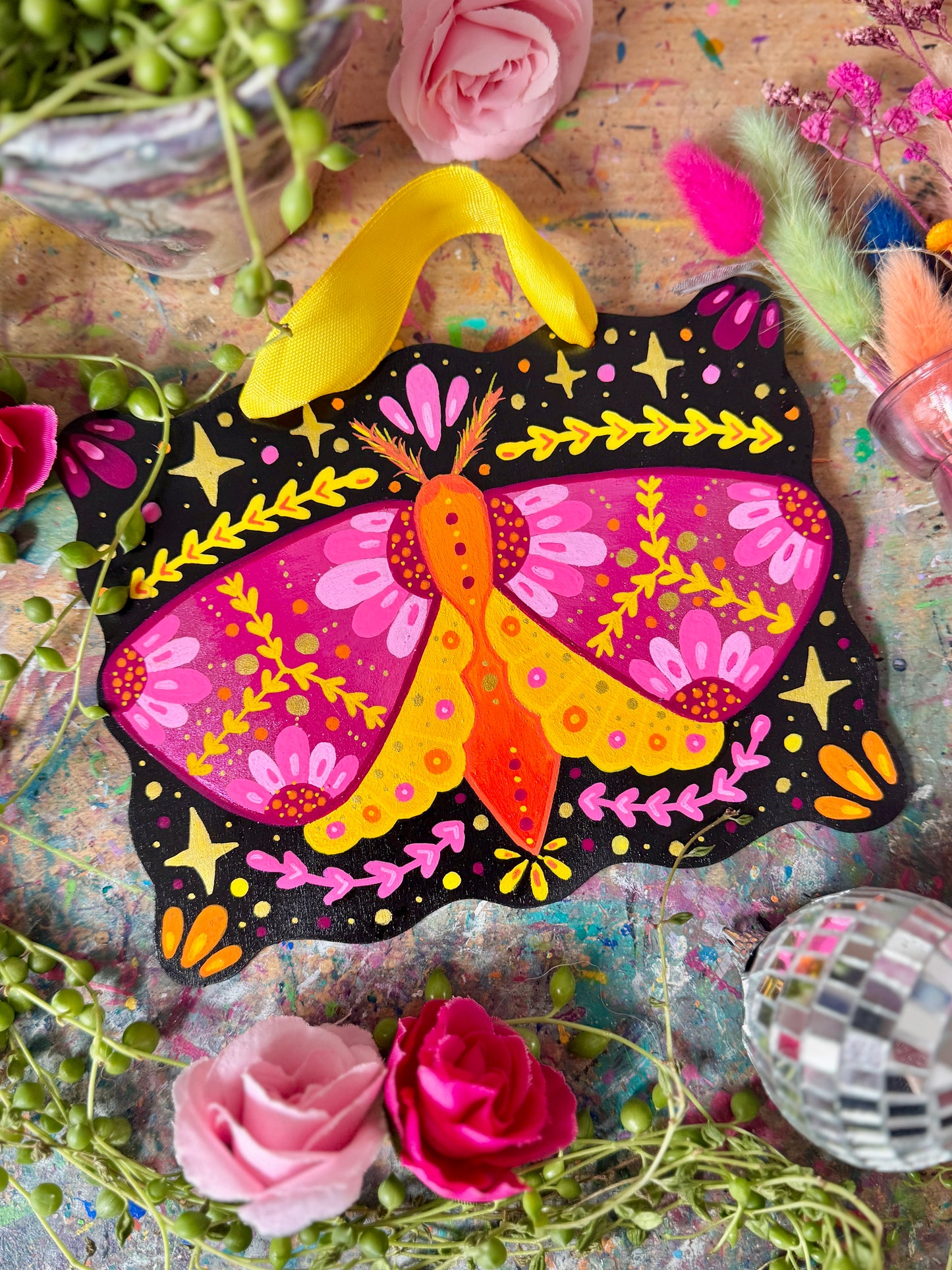 Yellow & Pink Moth - Painted Wall Hanging