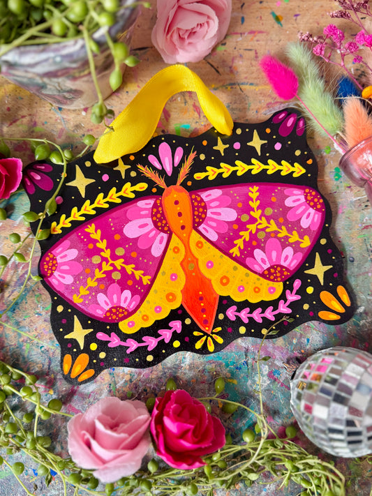 Yellow & Pink Moth - Painted Wall Hanging