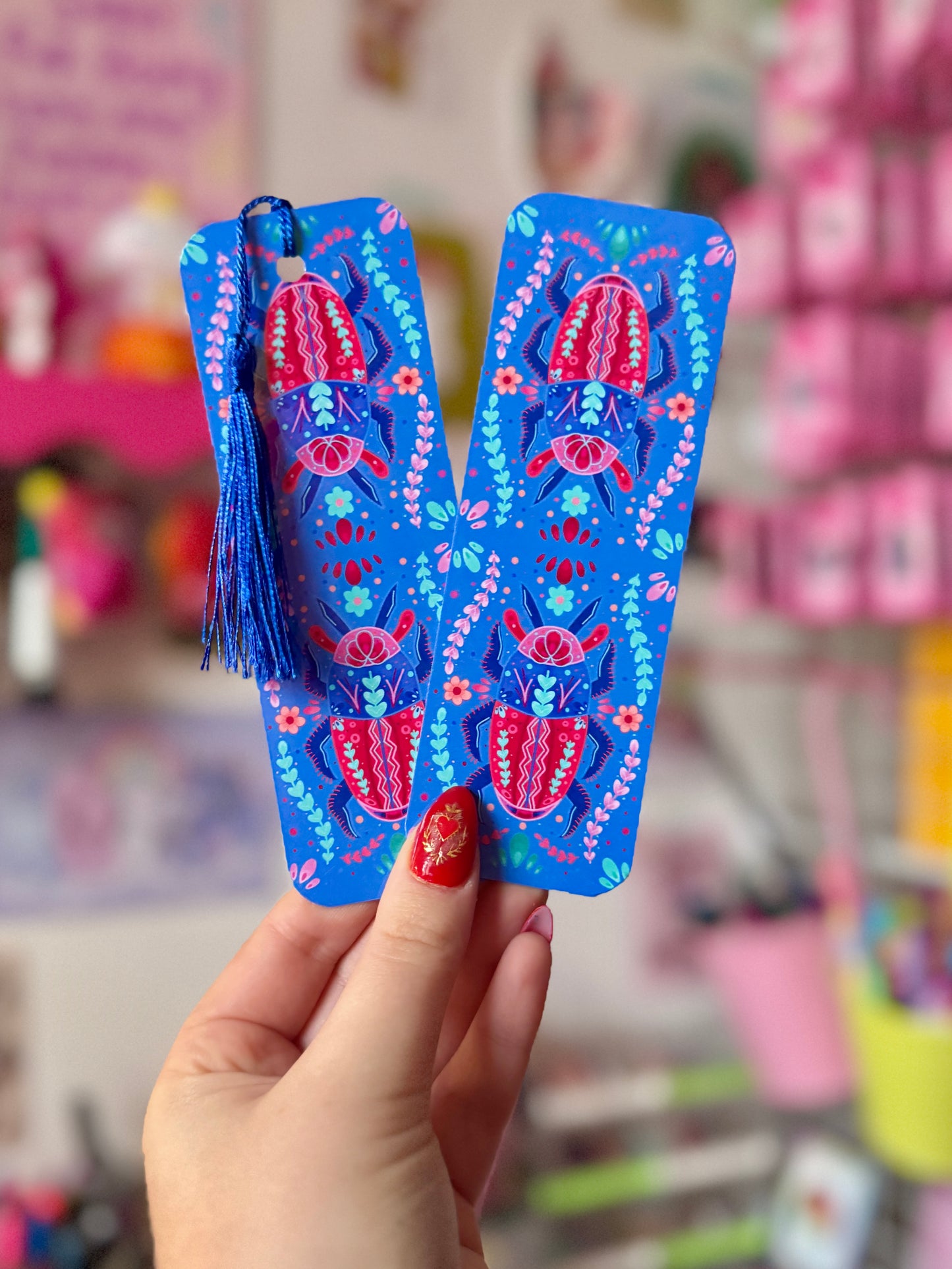 Blue and Pink Beetle Bookmark