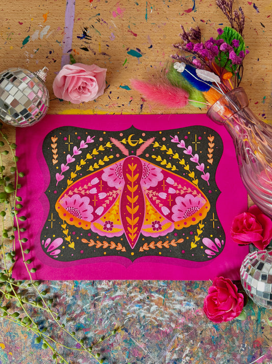 Pink Moth on Plaque Print