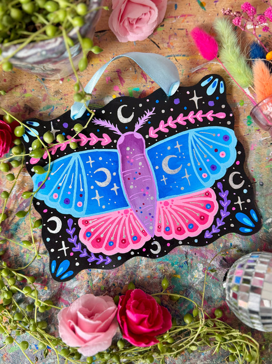 Pale Blue & Pink Moth - Painted Wall Hanging
