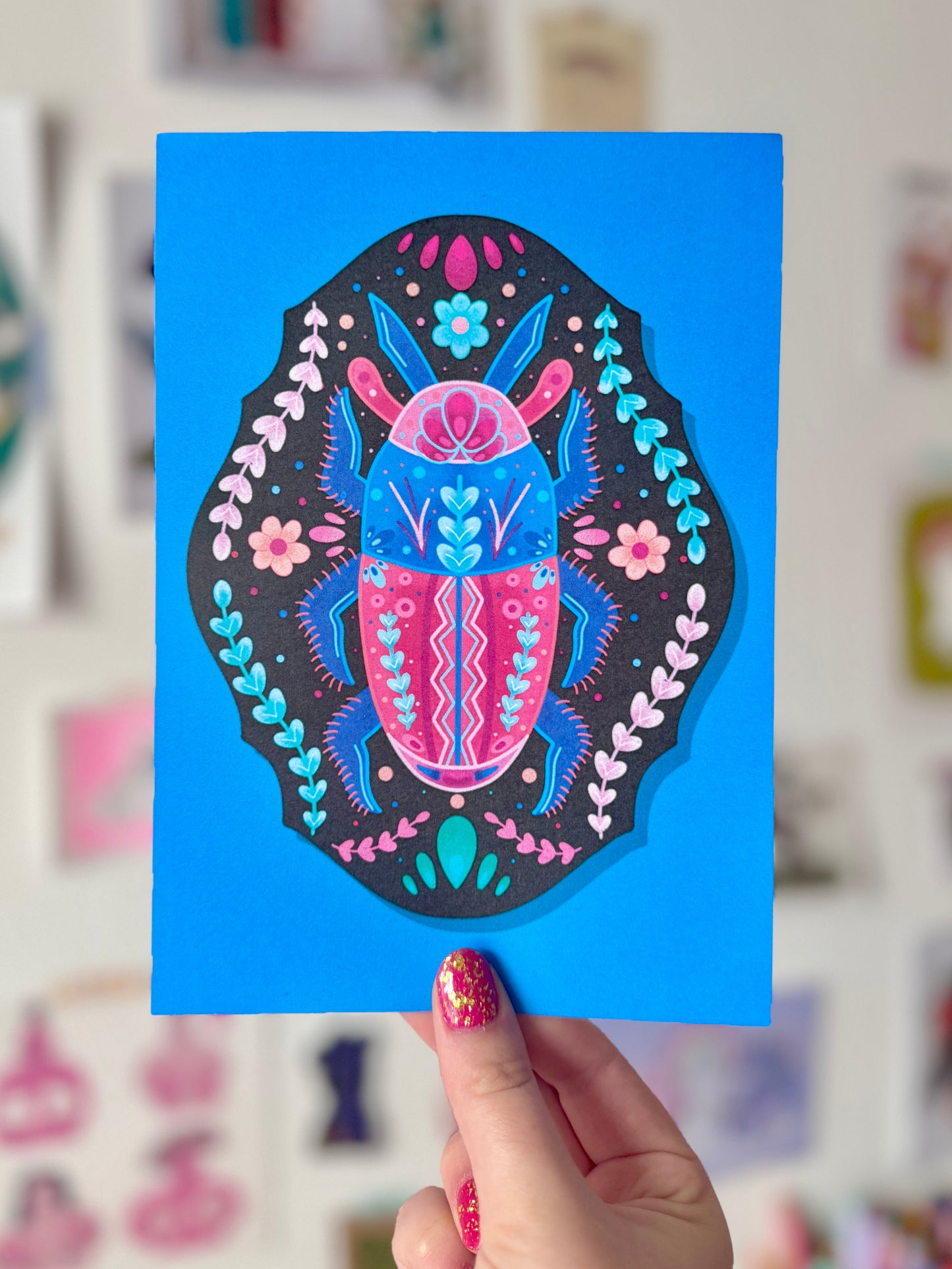 Blue & Pink Beetle on Plaque Print