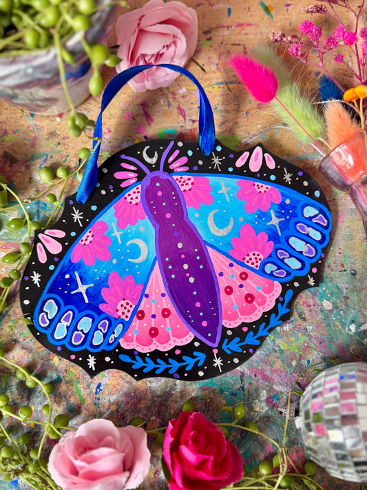 Blues & Pink Moth - Painted Wall Hanging