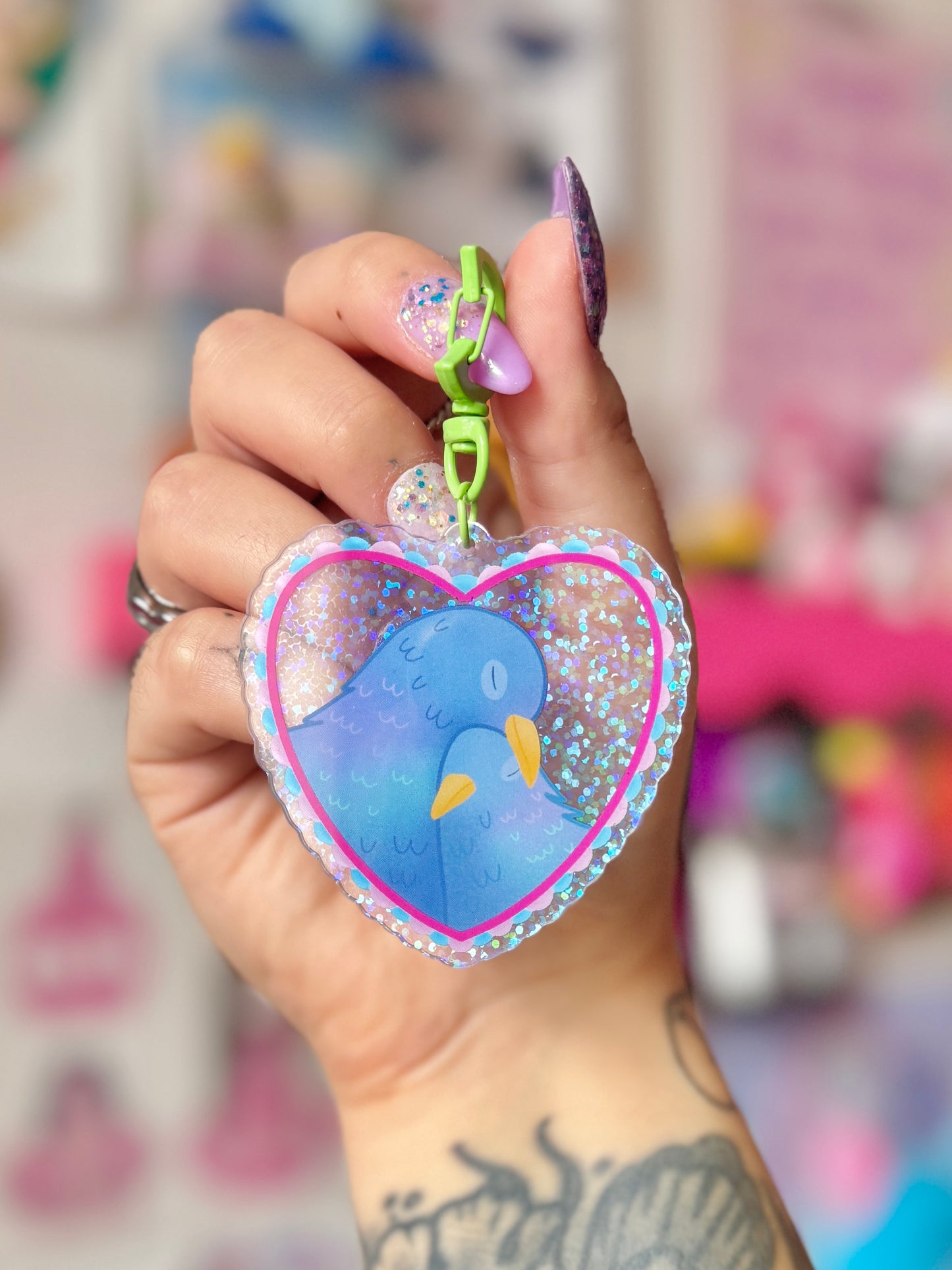 Pigeon Love Glitter Acrylic Keyring