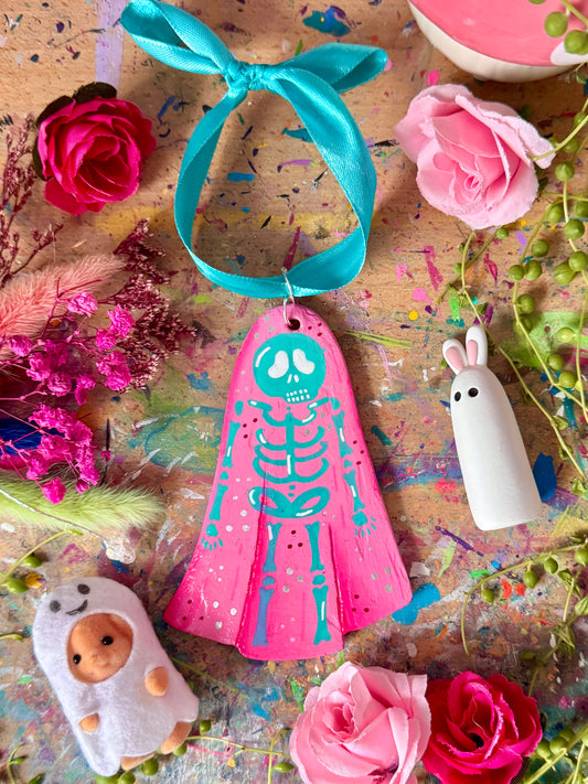 Pink Skeleton Ghost - Clay Wall Hanging