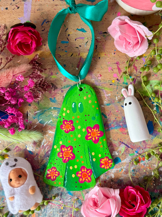 Green Flower Ghost - Clay Wall Hanging