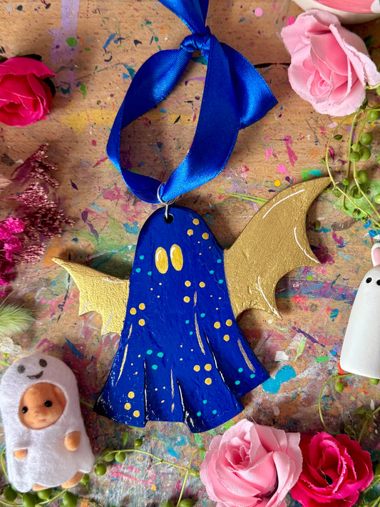 Blue & Gold Bat Ghost - Clay Wall Hanging
