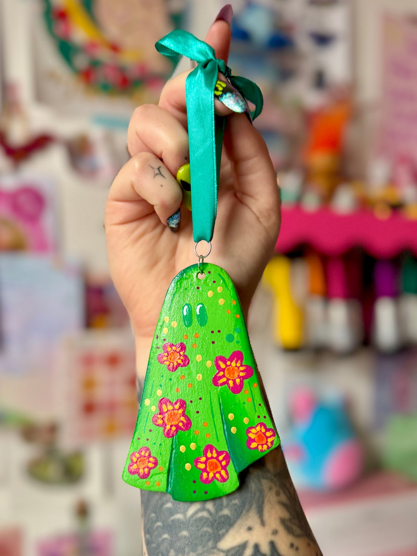 Green Flower Ghost - Clay Wall Hanging