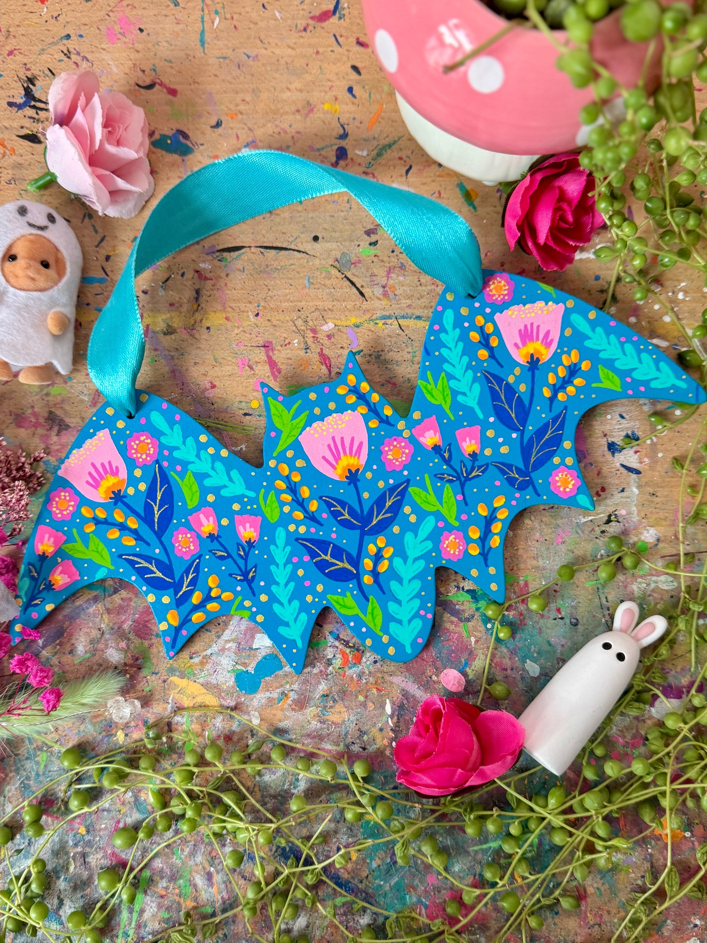 Teal Floral Bat - Wall Hanging