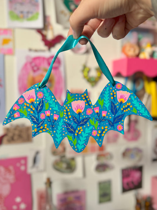 Teal Floral Bat - Wall Hanging